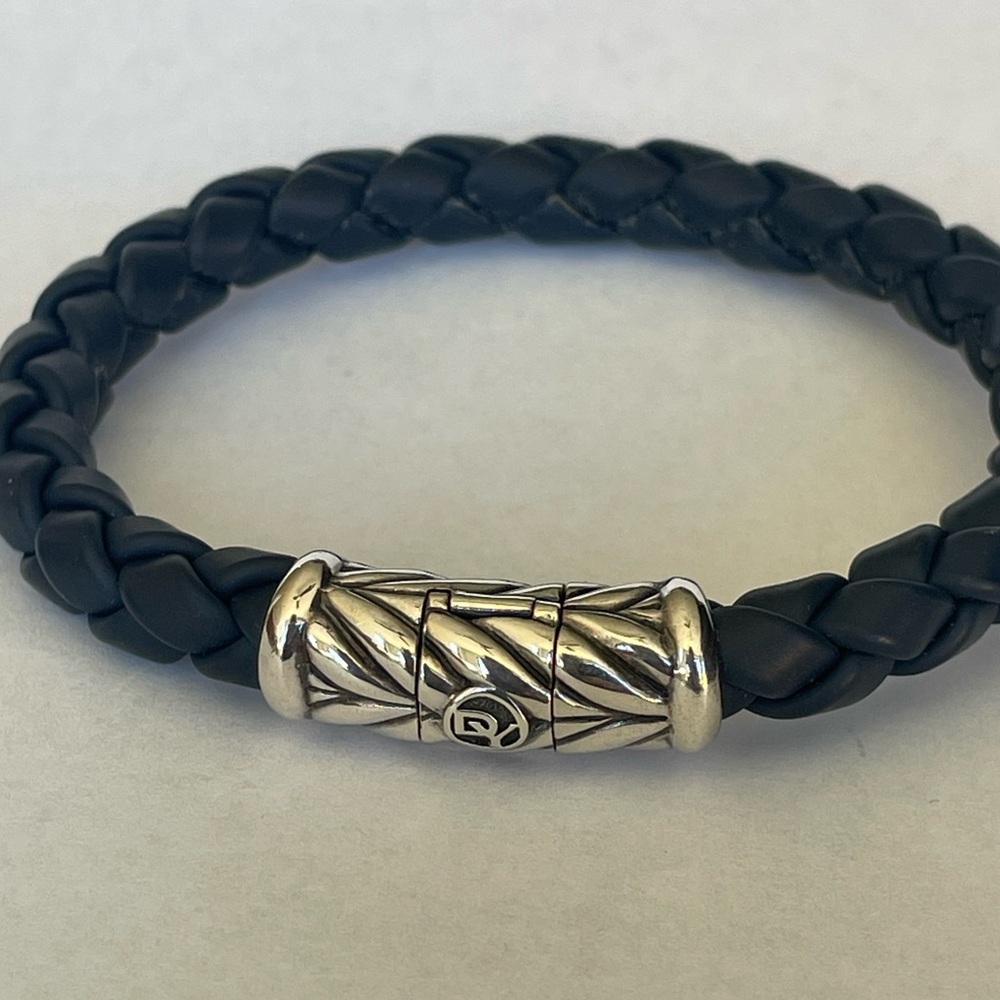 David Yurman Black Braided Leather Bracelet with Sterling Silver Clasp